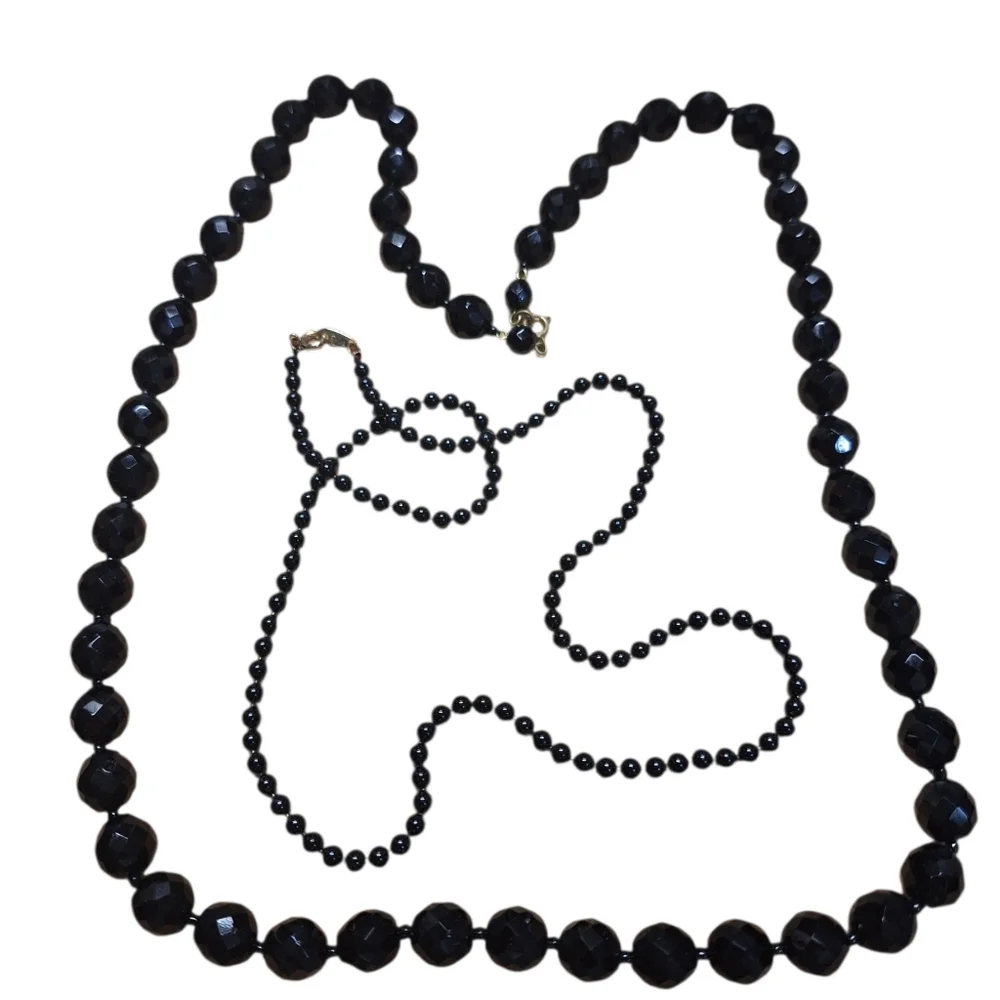Art Deco Jet Black Glass Bead Graduated Necklace Vintage Pair Gothic Classic LUX